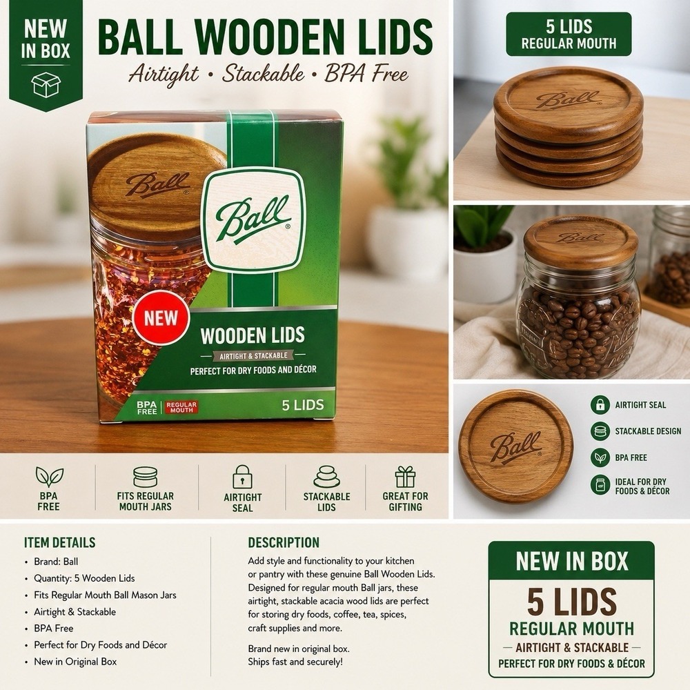 Ball Wooden Lids 5 Total (1Packs of 5) Regular Mouth NEW in Box Airtight